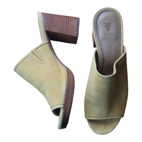 Frye Blake High Block Heel Mules Yellow Suede Slip On‎ Leather Footbed - Picture 1 of 6